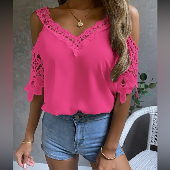 New!! Boho hot pink lace cold shoulder top - Picture 7 of 7